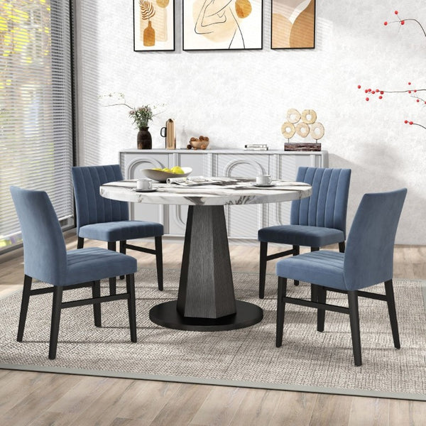 English Elm Cavira Round Faux Marble Dining Set Four Channel Tufted Upholstered Chairs Glam Modern Black and Gold Blue T2574S00420