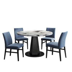 English Elm Cavira Round Faux Marble Dining Set Four Channel Tufted Upholstered Chairs Glam Modern Black and Gold Blue T2574S00420