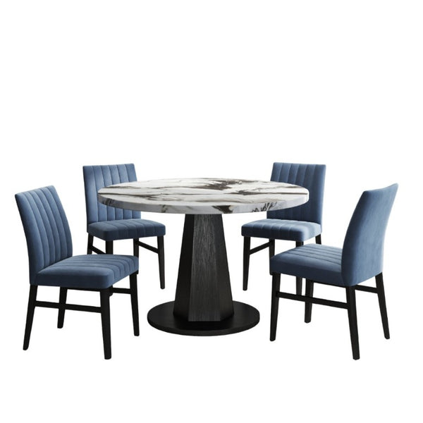English Elm Cavira Round Faux Marble Dining Set Four Channel Tufted Upholstered Chairs Glam Modern Black and Gold Blue T2574S00420