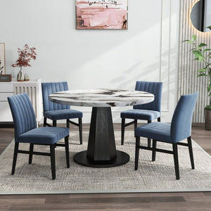 English Elm Cavira Round Faux Marble Dining Set Four Channel Tufted Upholstered Chairs Glam Modern Black and Gold Blue T2574S00420