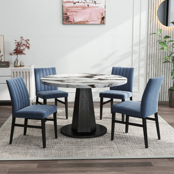 English Elm Cavira Round Faux Marble Dining Set Four Channel Tufted Upholstered Chairs Glam Modern Black and Gold Blue T2574S00420