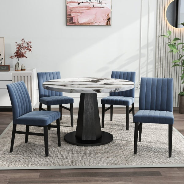 English Elm Cavira Round Faux Marble Dining Set Four Channel Tufted Upholstered Chairs Glam Modern Black and Gold Blue T2574S00420