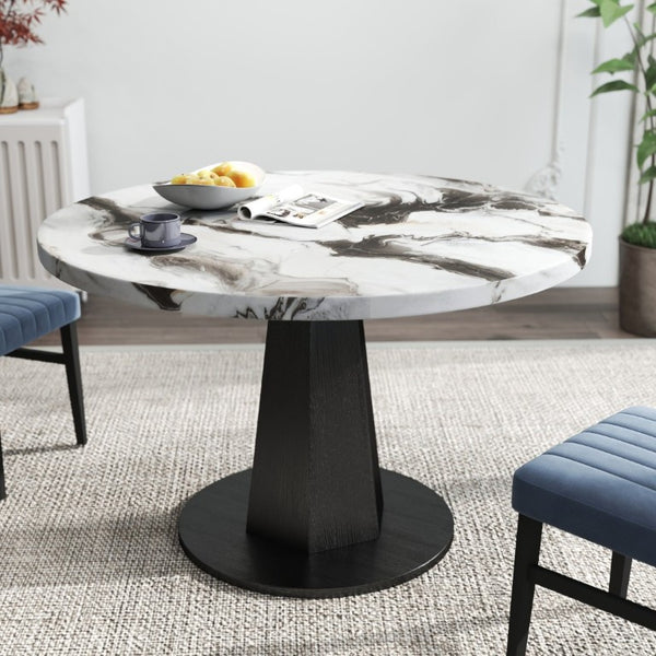 English Elm Cavira Round Faux Marble Dining Set Four Channel Tufted Upholstered Chairs Glam Modern Black and Gold Blue T2574S00420