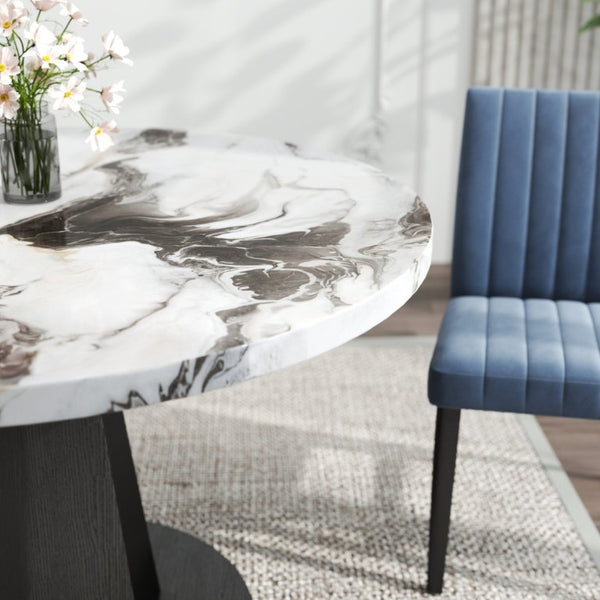 English Elm Cavira Round Faux Marble Dining Set Four Channel Tufted Upholstered Chairs Glam Modern Black and Gold Blue T2574S00420
