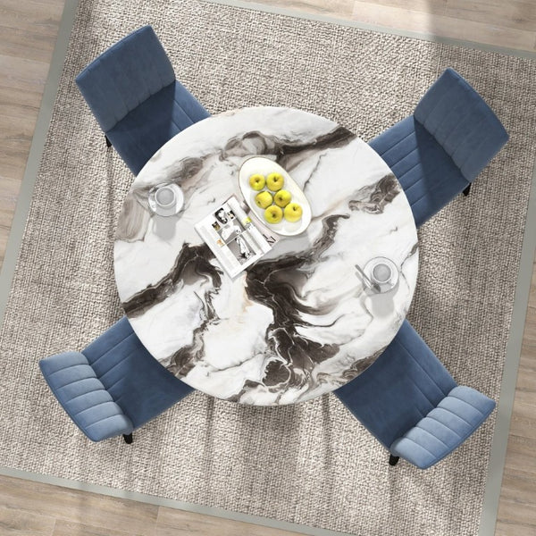 English Elm Cavira Round Faux Marble Dining Set Four Channel Tufted Upholstered Chairs Glam Modern Black and Gold Blue T2574S00420