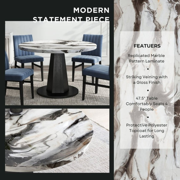 English Elm Cavira Round Faux Marble Dining Set Four Channel Tufted Upholstered Chairs Glam Modern Black and Gold Blue T2574S00420