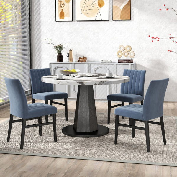 English Elm Cavira Round Faux Marble Pedestal Dining Set with Four Channel Tufted Blue Chairs T2574S00421