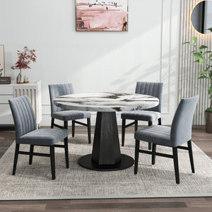 English Elm Cavira Round Faux Marble Dining Set Four Channel Tufted Upholstered Chairs Glam Modern Off-White Gray T2574S00422