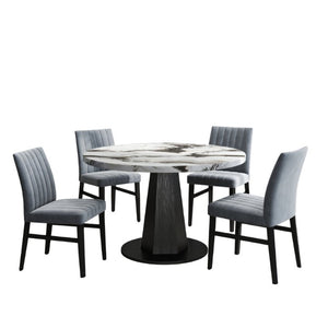 English Elm Cavira Round Faux Marble Dining Set Four Channel Tufted Upholstered Chairs Glam Modern Off-White Gray T2574S00422