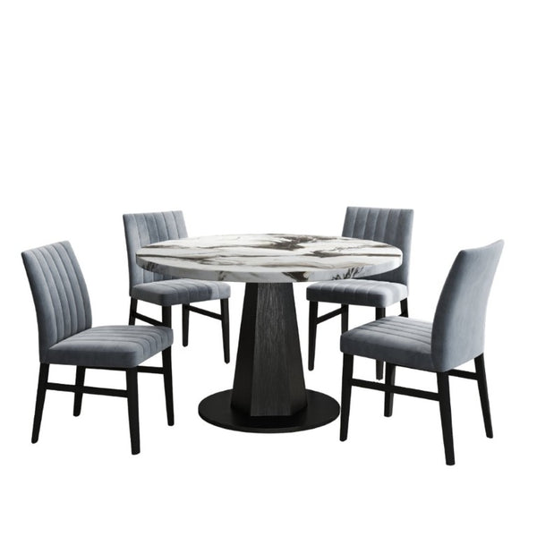 English Elm Cavira Round Faux Marble Dining Set Four Channel Tufted Upholstered Chairs Glam Modern Off-White Gray T2574S00422