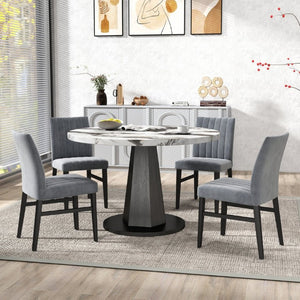 English Elm Cavira Round Faux Marble Dining Set Four Channel Tufted Upholstered Chairs Glam Modern Off-White Gray T2574S00422
