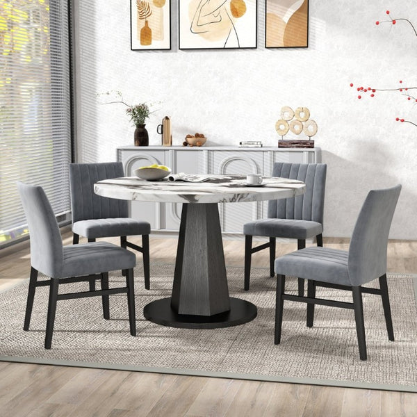 English Elm Cavira Round Faux Marble Dining Set Four Channel Tufted Upholstered Chairs Glam Modern Off-White Gray T2574S00422