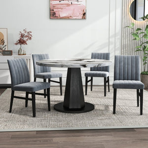 English Elm Cavira Round Faux Marble Dining Set Four Channel Tufted Upholstered Chairs Glam Modern Off-White Gray T2574S00422