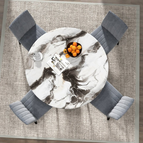 English Elm Cavira Round Faux Marble Dining Set Four Channel Tufted Upholstered Chairs Glam Modern Off-White Gray T2574S00422