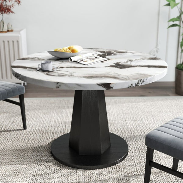 English Elm Cavira Round Faux Marble Dining Set Four Channel Tufted Upholstered Chairs Glam Modern Off-White Gray T2574S00422