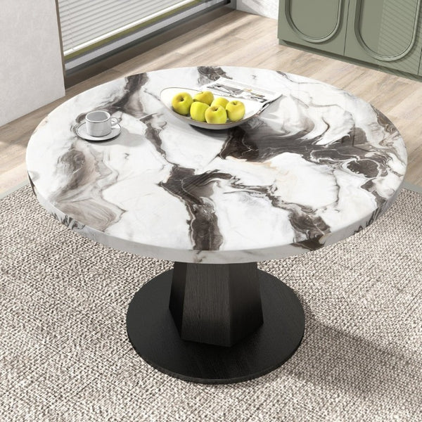 English Elm Cavira Round Faux Marble Dining Set Four Channel Tufted Upholstered Chairs Glam Modern Off-White Gray T2574S00422