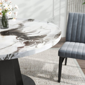 English Elm Cavira Round Faux Marble Dining Set Four Channel Tufted Upholstered Chairs Glam Modern Off-White Gray T2574S00422