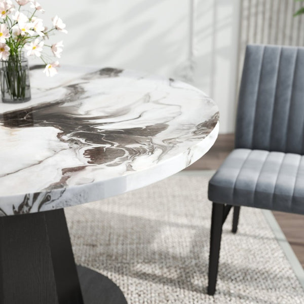 English Elm Cavira Round Faux Marble Dining Set Four Channel Tufted Upholstered Chairs Glam Modern Off-White Gray T2574S00422