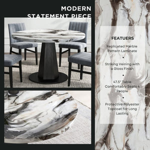 English Elm Cavira Round Faux Marble Dining Set Four Channel Tufted Upholstered Chairs Glam Modern Off-White Gray T2574S00422