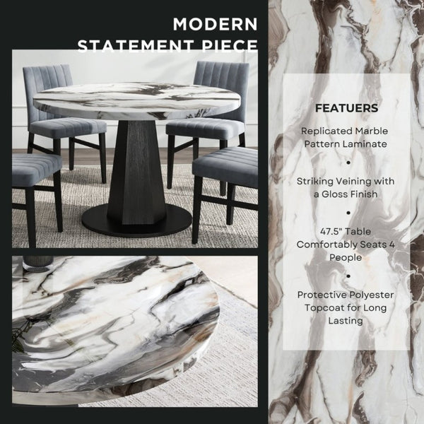 English Elm Cavira Round Faux Marble Dining Set Four Channel Tufted Upholstered Chairs Glam Modern Off-White Gray T2574S00422