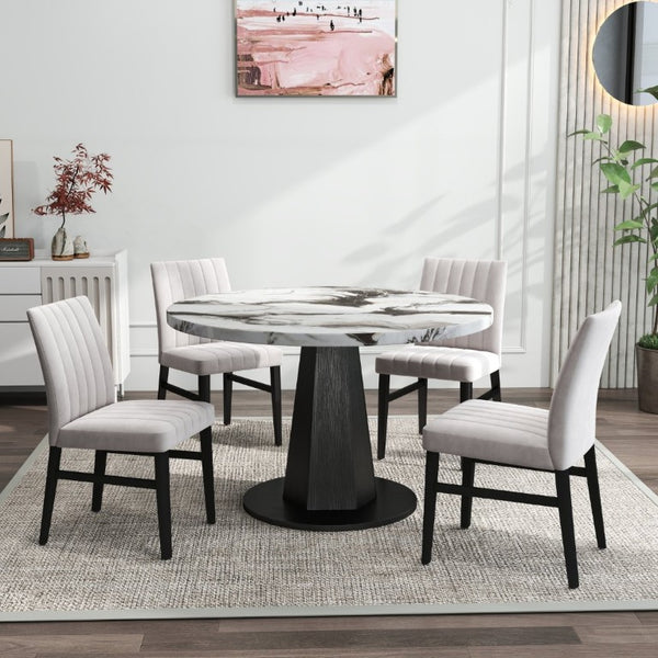 English Elm Cavira Round Faux Marble Dining Set Four Channel Tufted Upholstered Chairs Glam Modern Off-White Tan T2574S00423