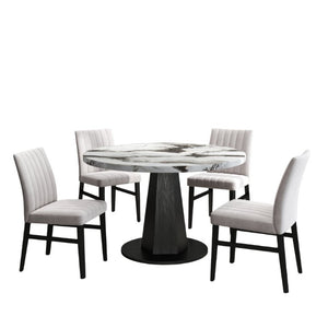 English Elm Cavira Round Faux Marble Dining Set Four Channel Tufted Upholstered Chairs Glam Modern Off-White Tan T2574S00423