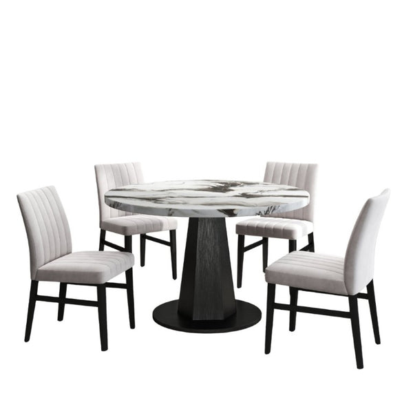 English Elm Cavira Round Faux Marble Dining Set Four Channel Tufted Upholstered Chairs Glam Modern Off-White Tan T2574S00423