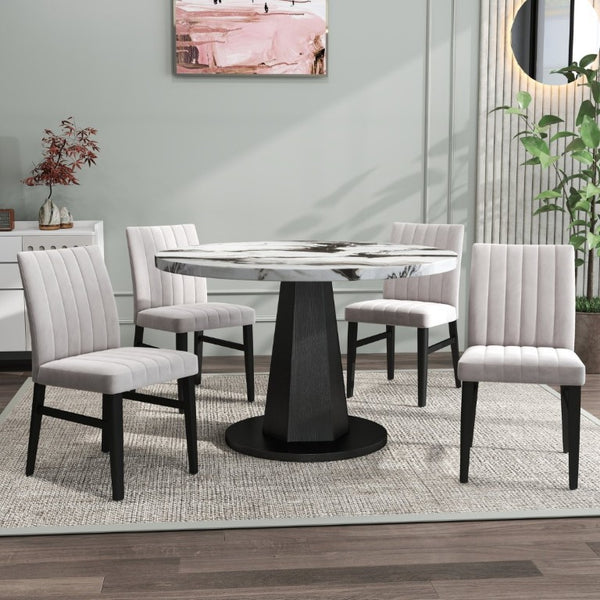 English Elm Cavira Round Faux Marble Dining Set Four Channel Tufted Upholstered Chairs Glam Modern Off-White Tan T2574S00423