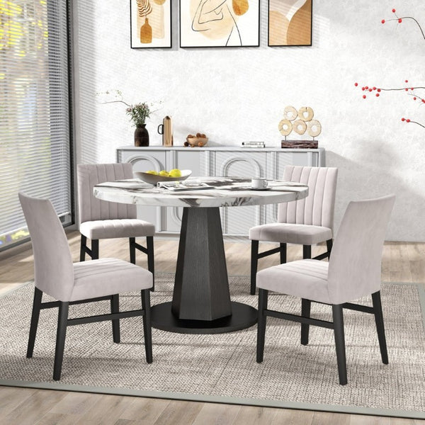 English Elm Cavira Round Faux Marble Dining Set Four Channel Tufted Upholstered Chairs Glam Modern Off-White Tan T2574S00423