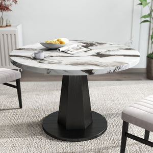 English Elm Cavira Round Faux Marble Dining Set Four Channel Tufted Upholstered Chairs Glam Modern Off-White Tan T2574S00423