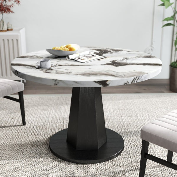 English Elm Cavira Round Faux Marble Dining Set Four Channel Tufted Upholstered Chairs Glam Modern Off-White Tan T2574S00423