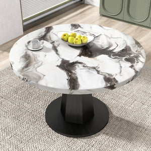 English Elm Cavira Round Faux Marble Dining Set Four Channel Tufted Upholstered Chairs Glam Modern Off-White Tan T2574S00423