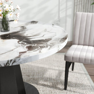 English Elm Cavira Round Faux Marble Dining Set Four Channel Tufted Upholstered Chairs Glam Modern Off-White Tan T2574S00423