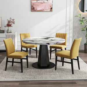 English Elm Cavira Round Faux Marble Dining Set Four Channel Tufted Upholstered Chairs Glam Modern Off-White Yellow T2574S00424