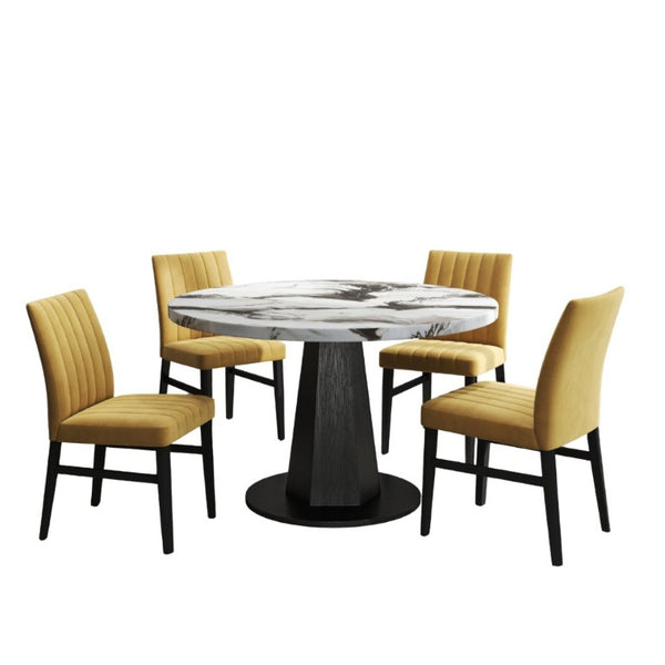 English Elm Cavira Round Faux Marble Dining Set Four Channel Tufted Upholstered Chairs Glam Modern Off-White Yellow T2574S00424