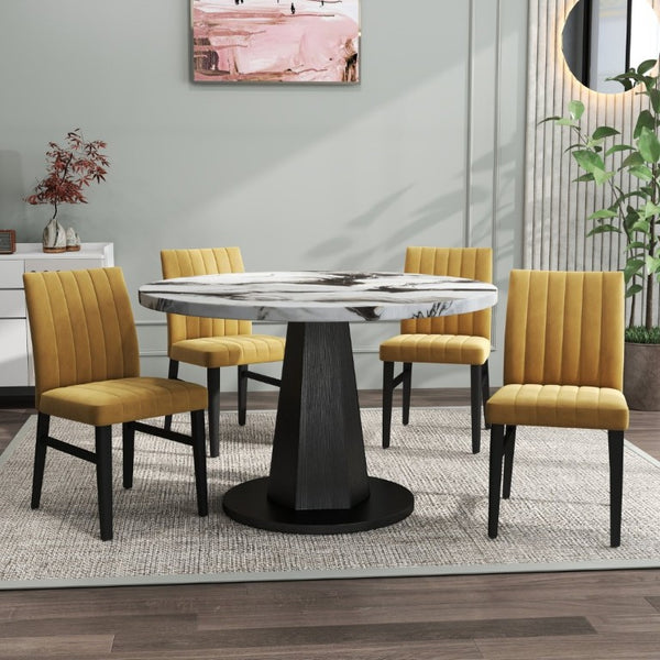 English Elm Cavira Round Faux Marble Dining Set Four Channel Tufted Upholstered Chairs Glam Modern Off-White Yellow T2574S00424