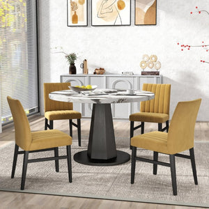 English Elm Cavira Round Faux Marble Dining Set Four Channel Tufted Upholstered Chairs Glam Modern Off-White Yellow T2574S00424