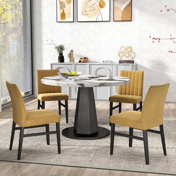 English Elm Cavira Round Faux Marble Dining Set Four Channel Tufted Upholstered Chairs Glam Modern Off-White Yellow T2574S00424