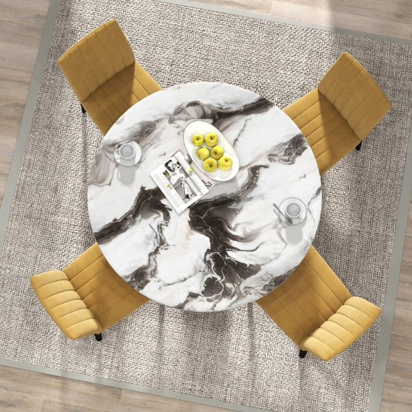 English Elm Cavira Round Faux Marble Dining Set Four Channel Tufted Upholstered Chairs Glam Modern Off-White Yellow T2574S00424