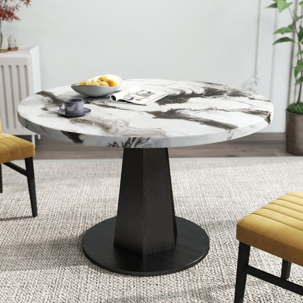 English Elm Cavira Round Faux Marble Dining Set Four Channel Tufted Upholstered Chairs Glam Modern Off-White Yellow T2574S00424