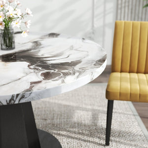 English Elm Cavira Round Faux Marble Dining Set Four Channel Tufted Upholstered Chairs Glam Modern Off-White Yellow T2574S00424