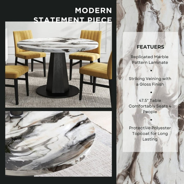 English Elm Cavira Round Faux Marble Dining Set Four Channel Tufted Upholstered Chairs Glam Modern Off-White Yellow T2574S00424