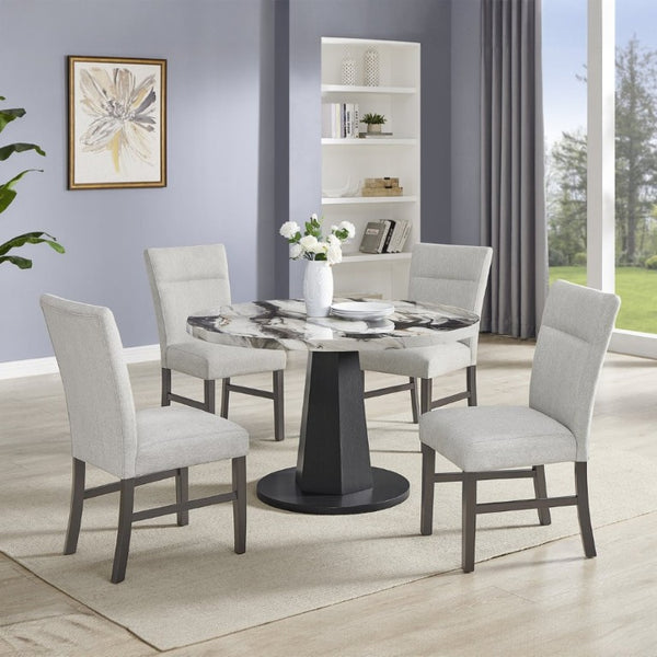 English Elm Cavira Round Faux Marble 5 Piece Dining Set with Pedestal Base and Gray Upholstered Chairs Off-White Faux Marble T2574S00425