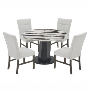 English Elm Cavira Round Faux Marble 5 Piece Dining Set with Pedestal Base and Gray Upholstered Chairs Off-White Faux Marble T2574S00425