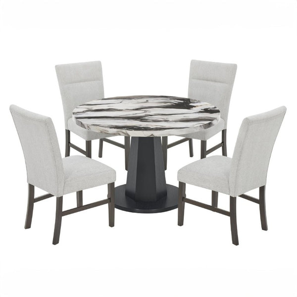 English Elm Cavira Round Faux Marble 5 Piece Dining Set with Pedestal Base and Gray Upholstered Chairs Off-White Faux Marble T2574S00425
