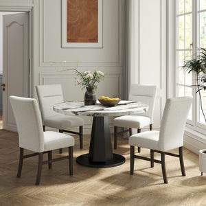 English Elm Cavira Round Faux Marble 5 Piece Dining Set with Pedestal Base and Gray Upholstered Chairs Off-White Faux Marble T2574S00425