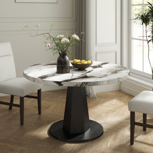 English Elm Cavira Round Faux Marble 5 Piece Dining Set with Pedestal Base and Gray Upholstered Chairs Off-White Faux Marble T2574S00425