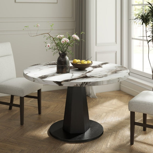 English Elm Cavira Round Faux Marble 5 Piece Dining Set with Pedestal Base and Gray Upholstered Chairs Off-White Faux Marble T2574S00425