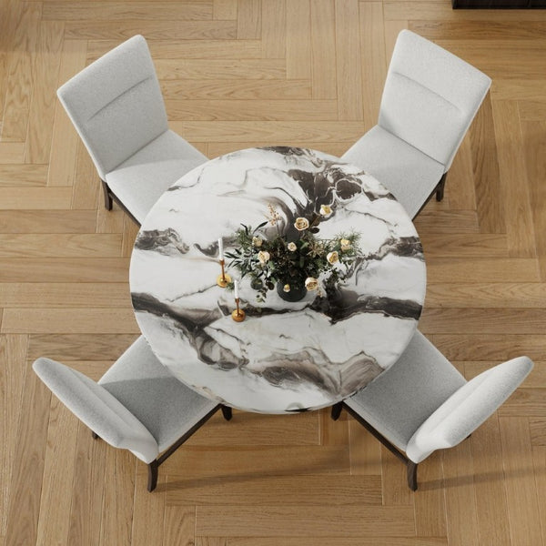 English Elm Cavira Round Faux Marble 5 Piece Dining Set with Pedestal Base and Gray Upholstered Chairs Off-White Faux Marble T2574S00425