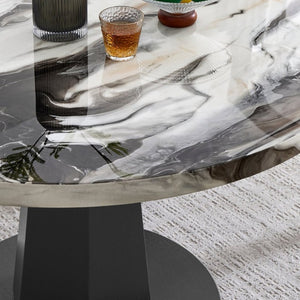 English Elm Cavira Round Faux Marble 5 Piece Dining Set with Pedestal Base and Gray Upholstered Chairs Off-White Faux Marble T2574S00425